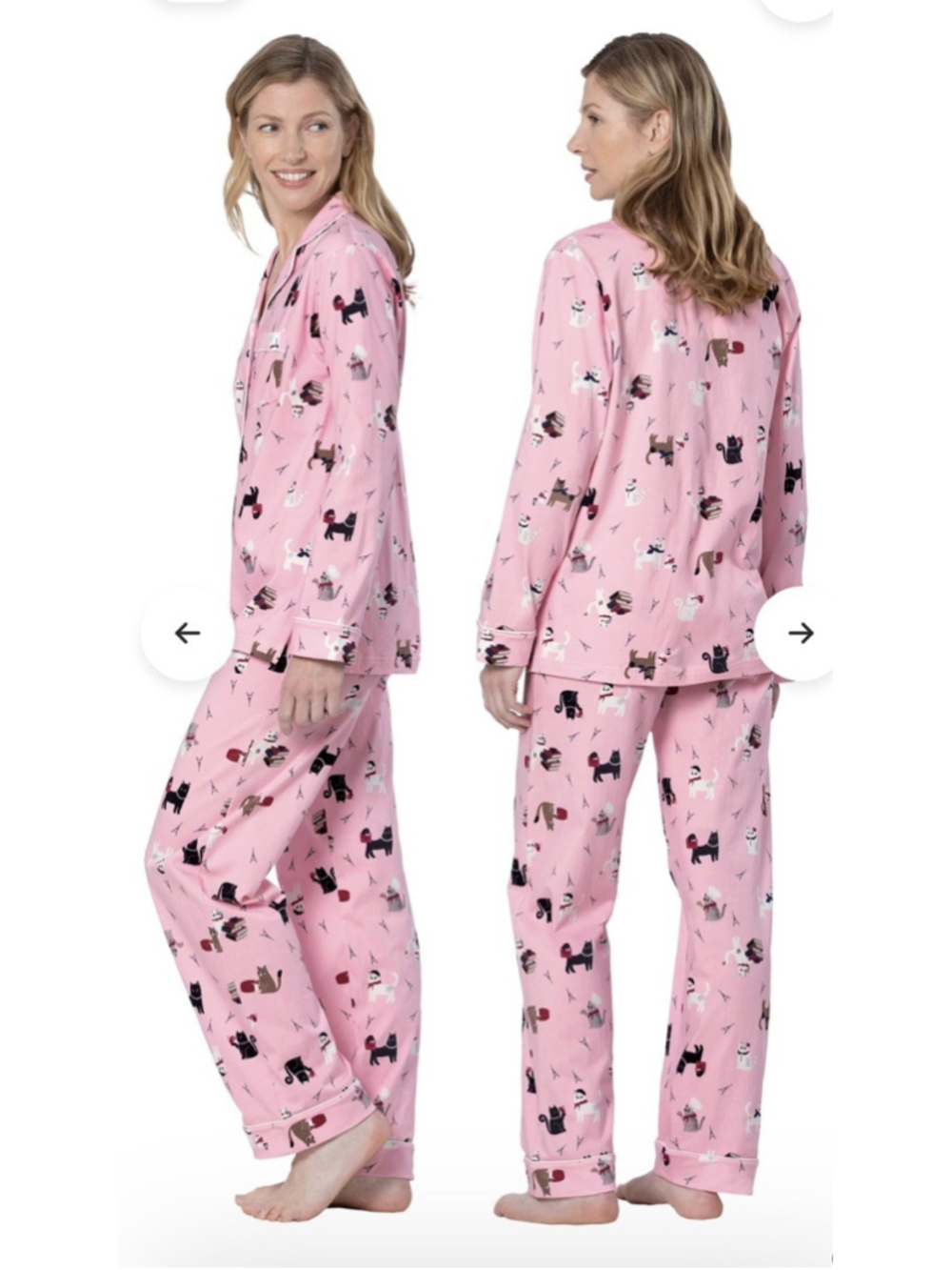 PajamaGram Large Pink Kitty in Paris Brushed Cotton Pajamas Top Pants Set